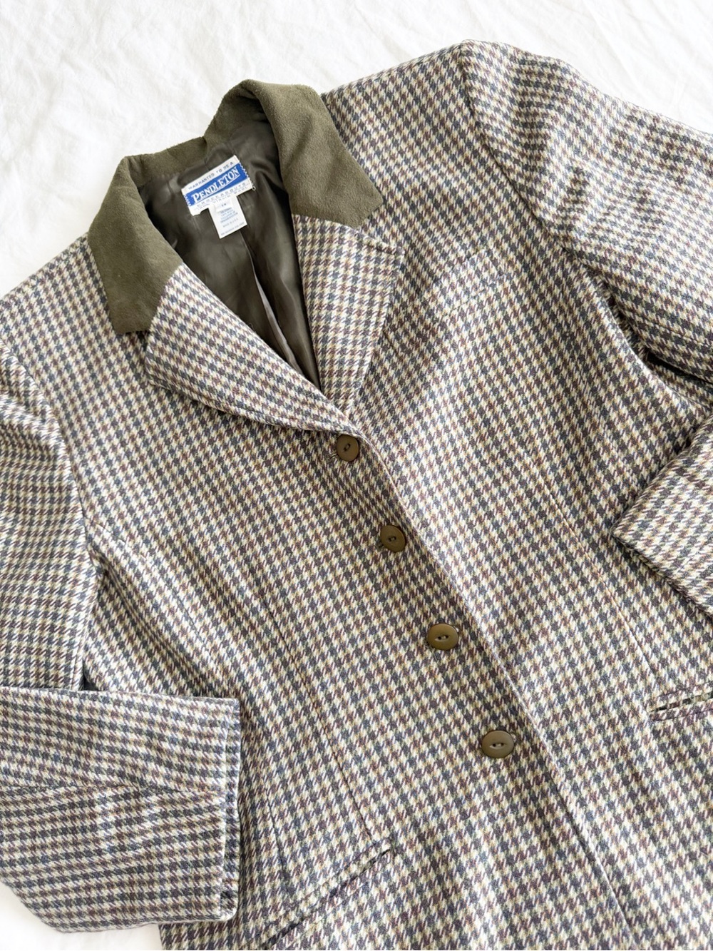 Vintage Pendleton Tweed Houndstooth Blazer with Olive Green Collar - 100% Wool